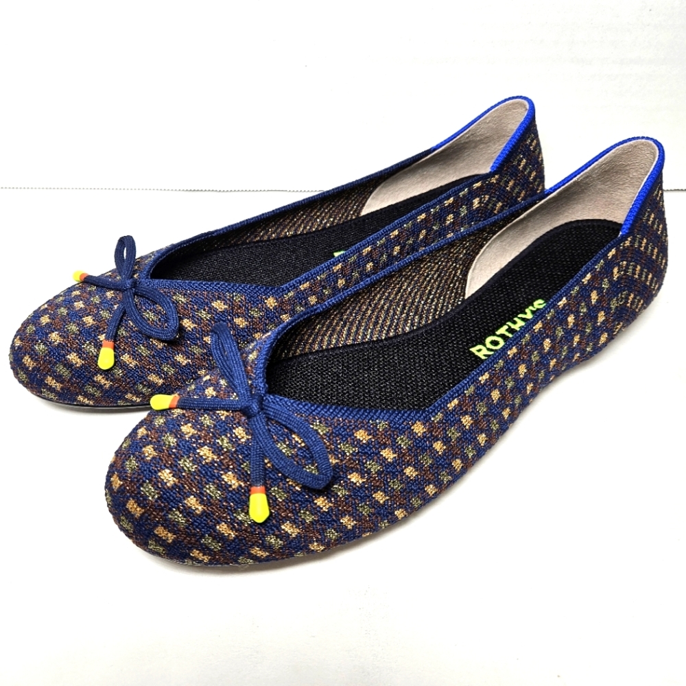 Rothy's The Bow Flat Evening Metallic Women's Sz 7.5 Ballet Plaid Navy Gold
